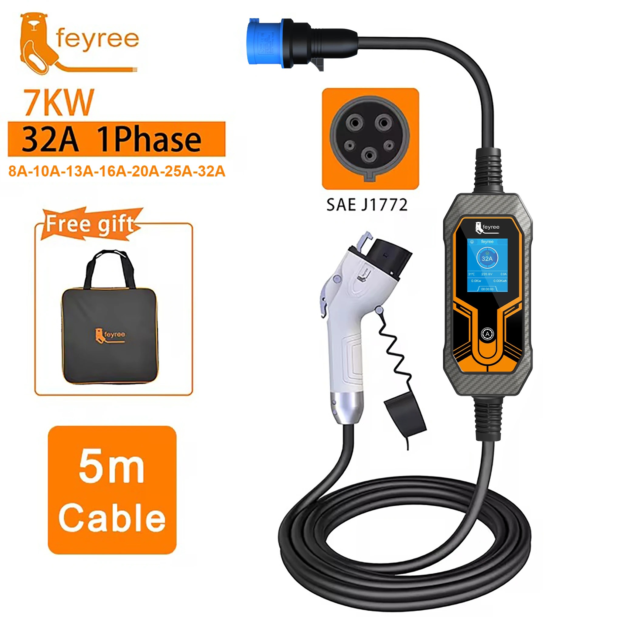 Feyree Type1 J1772 7kW 32A 1Ph - Portable Ev Charger recension och pris